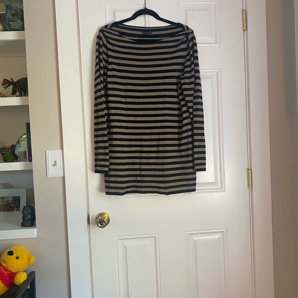 Eileen Fisher Merino Wool Black and Tan Striped Tunic, size XL